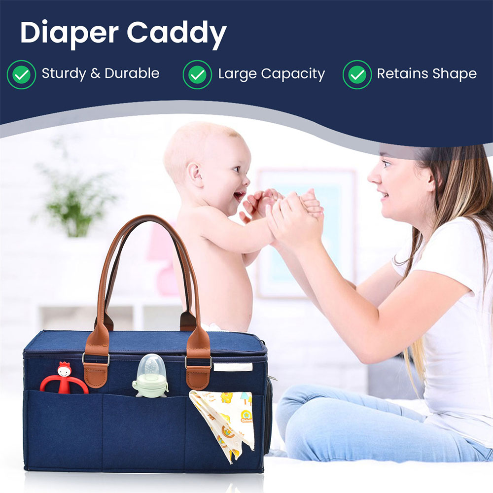 Custom Eco-Friendly Navy Felt Baby Diaper Caddy Multi-Compartment Nursery Storage with Striped Cover and PU Leather Handles for Outdoor Baby Care
