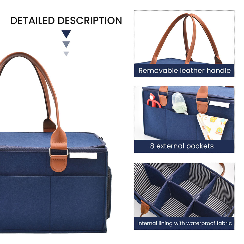 Custom Eco-Friendly Navy Felt Baby Diaper Caddy Multi-Compartment Nursery Storage with Striped Cover and PU Leather Handles for Outdoor Baby Care