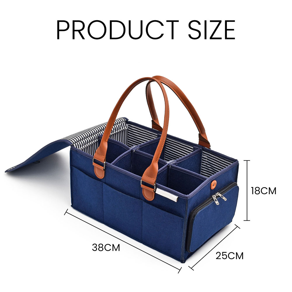 Custom Eco-Friendly Navy Felt Baby Diaper Caddy Multi-Compartment Nursery Storage with Striped Cover and PU Leather Handles for Outdoor Baby Care
