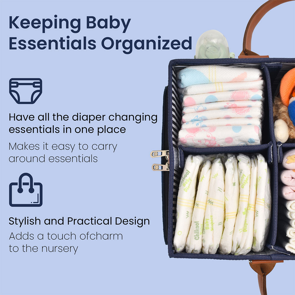 Custom Eco-Friendly Navy Felt Baby Diaper Caddy Multi-Compartment Nursery Storage with Striped Cover and PU Leather Handles for Outdoor Baby Care