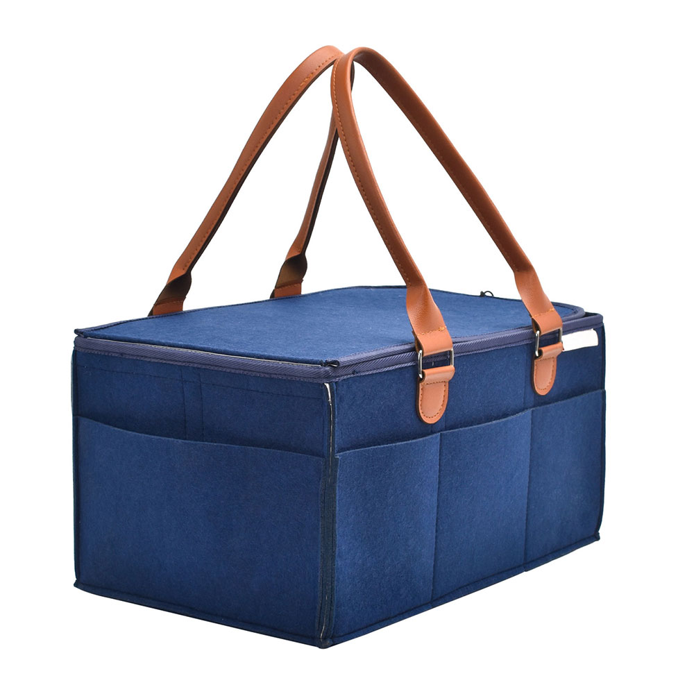 Custom Eco-Friendly Navy Felt Baby Diaper Caddy Multi-Compartment Nursery Storage with Striped Cover and PU Leather Handles for Outdoor Baby Care