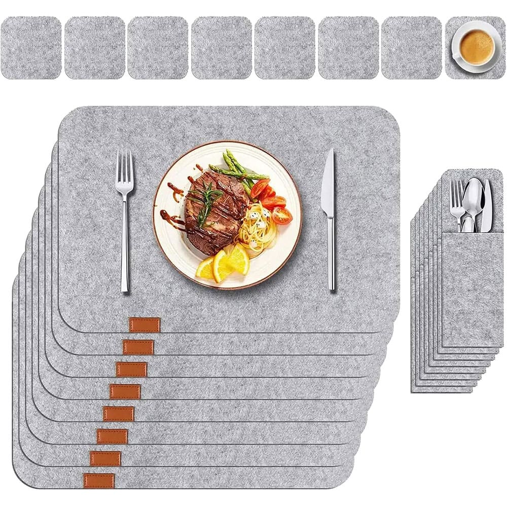 Custom Logo Color Wool Felt Dining Placemat Set Tableware Mat & Flatware Holder with Leather Embossed Accents for Restaurant & Home