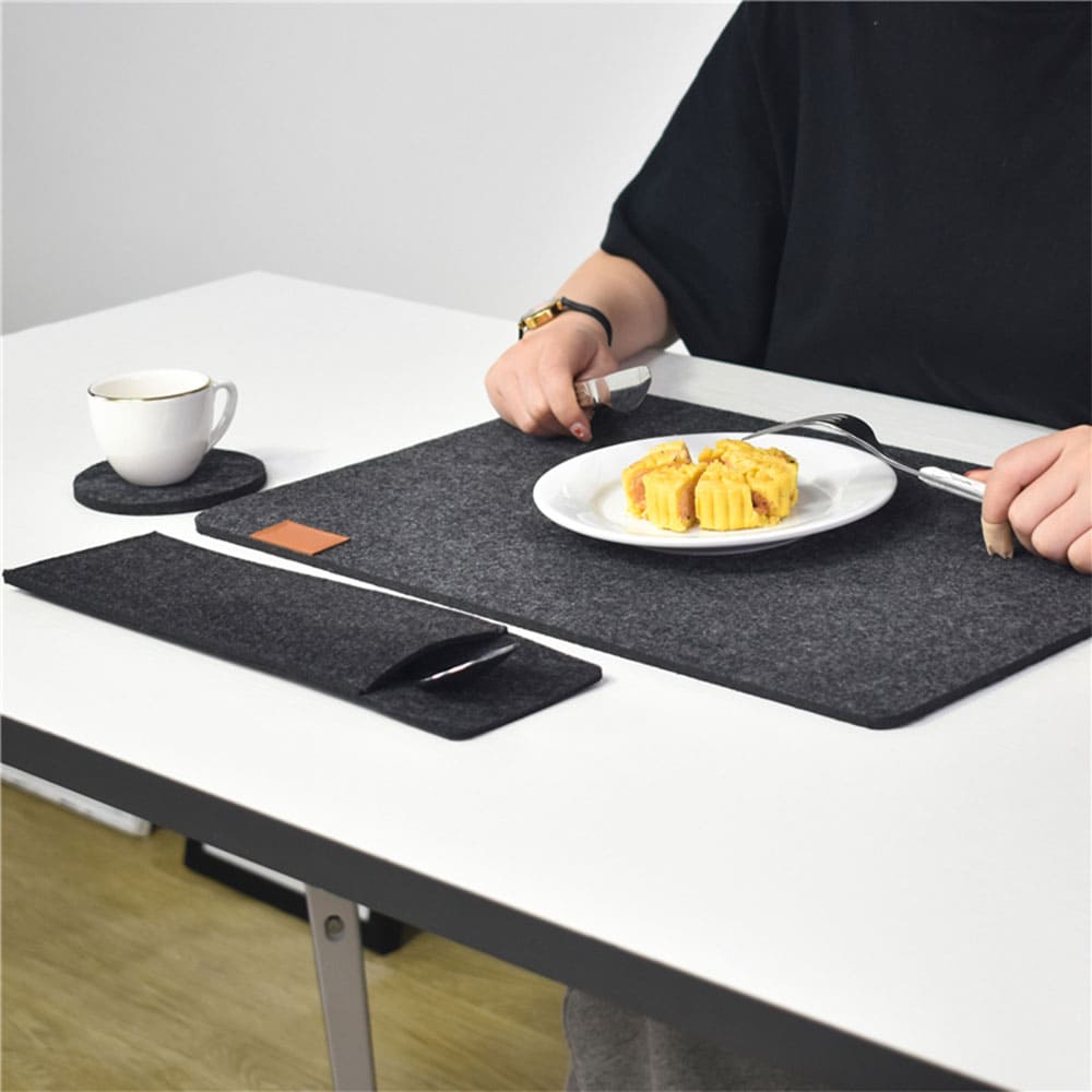 Custom Logo Color Wool Felt Dining Placemat Set Tableware Mat & Flatware Holder with Leather Embossed Accents for Restaurant & Home