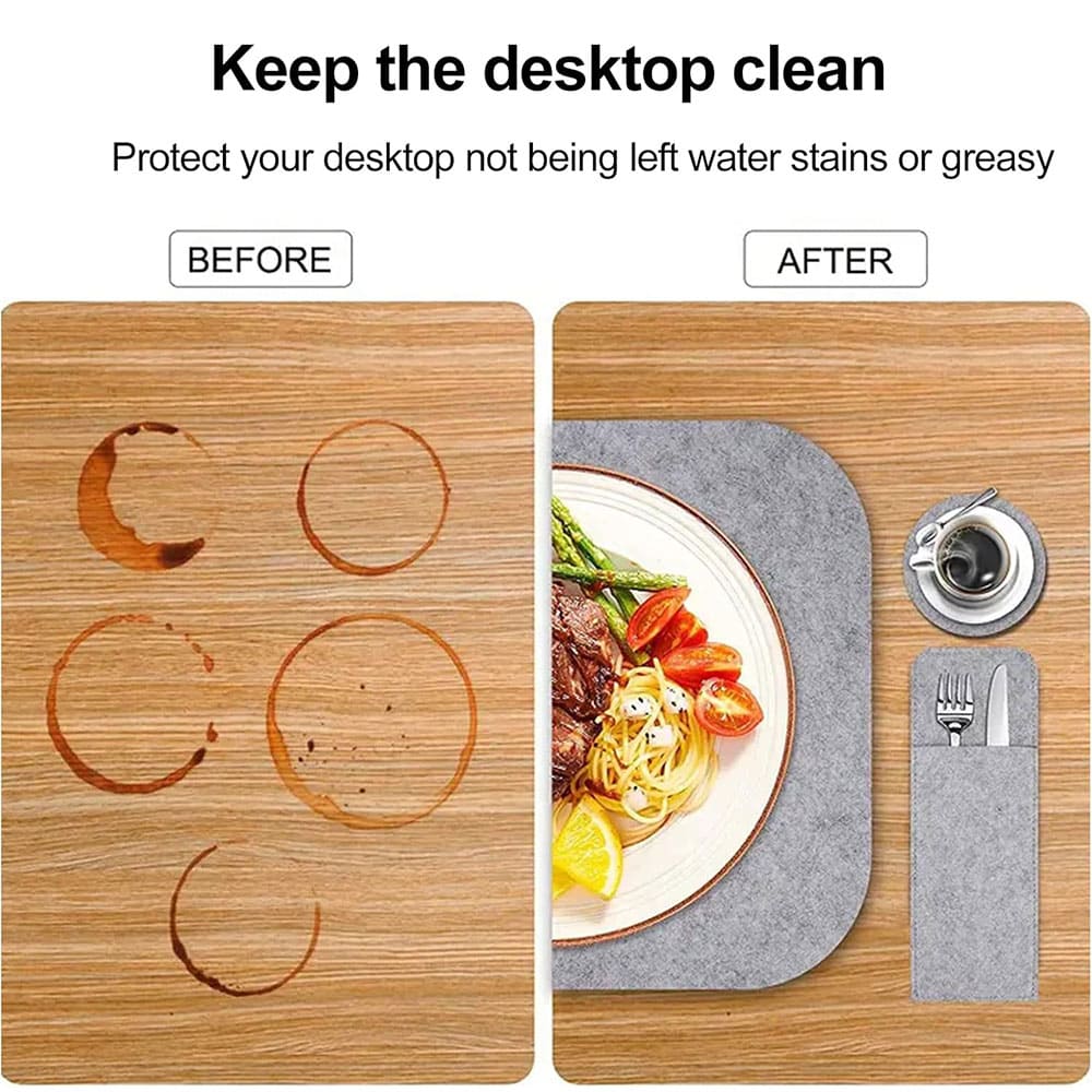 Custom Logo Color Wool Felt Dining Placemat Set Tableware Mat & Flatware Holder with Leather Embossed Accents for Restaurant & Home