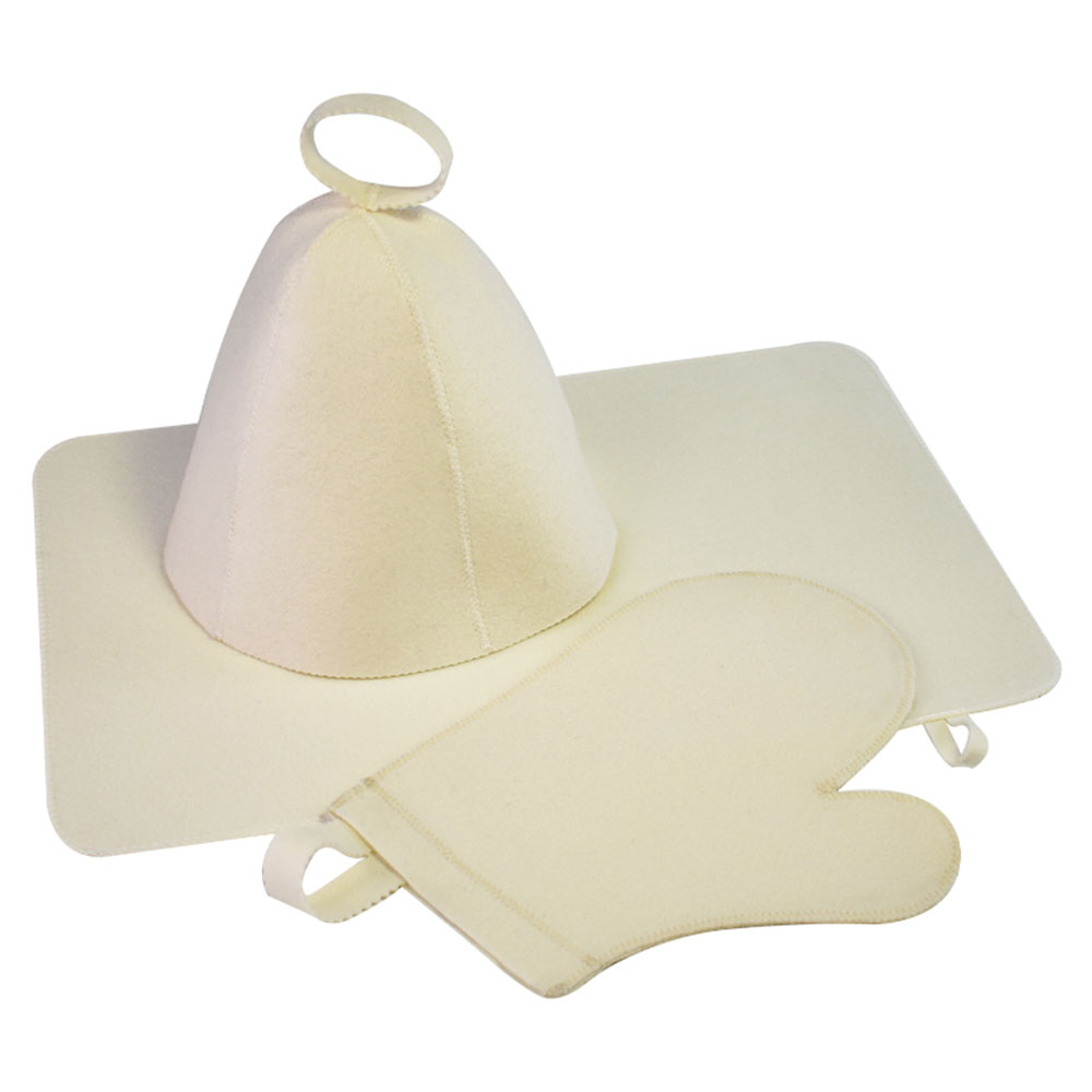 Custom 3-Piece Sauna Accessories Banya SPA Steam Room Gloves and Seat Pad Unisex 5-Panel Polyester Felt Sauna Hat with Loop for Barrel Infrared Sauna