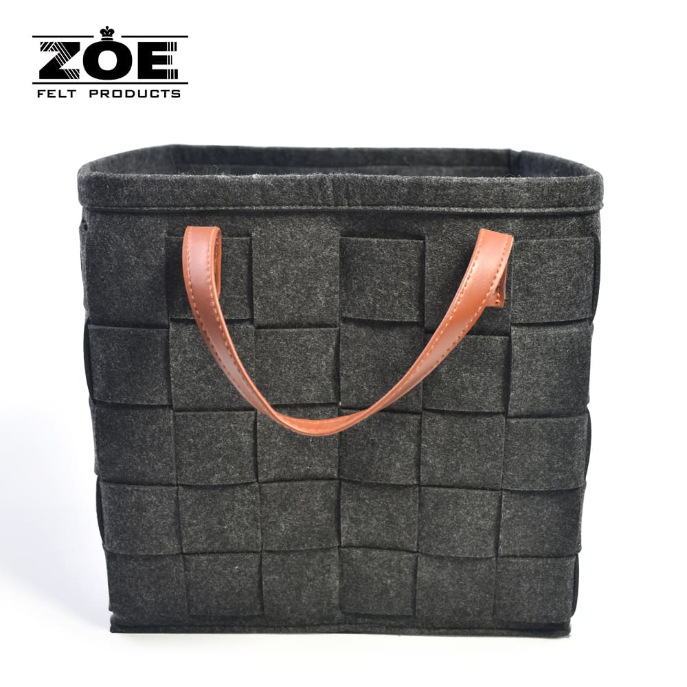 Custom Large Rectangular Woven Felt Storage Basket with Leather Handles for Home Organization