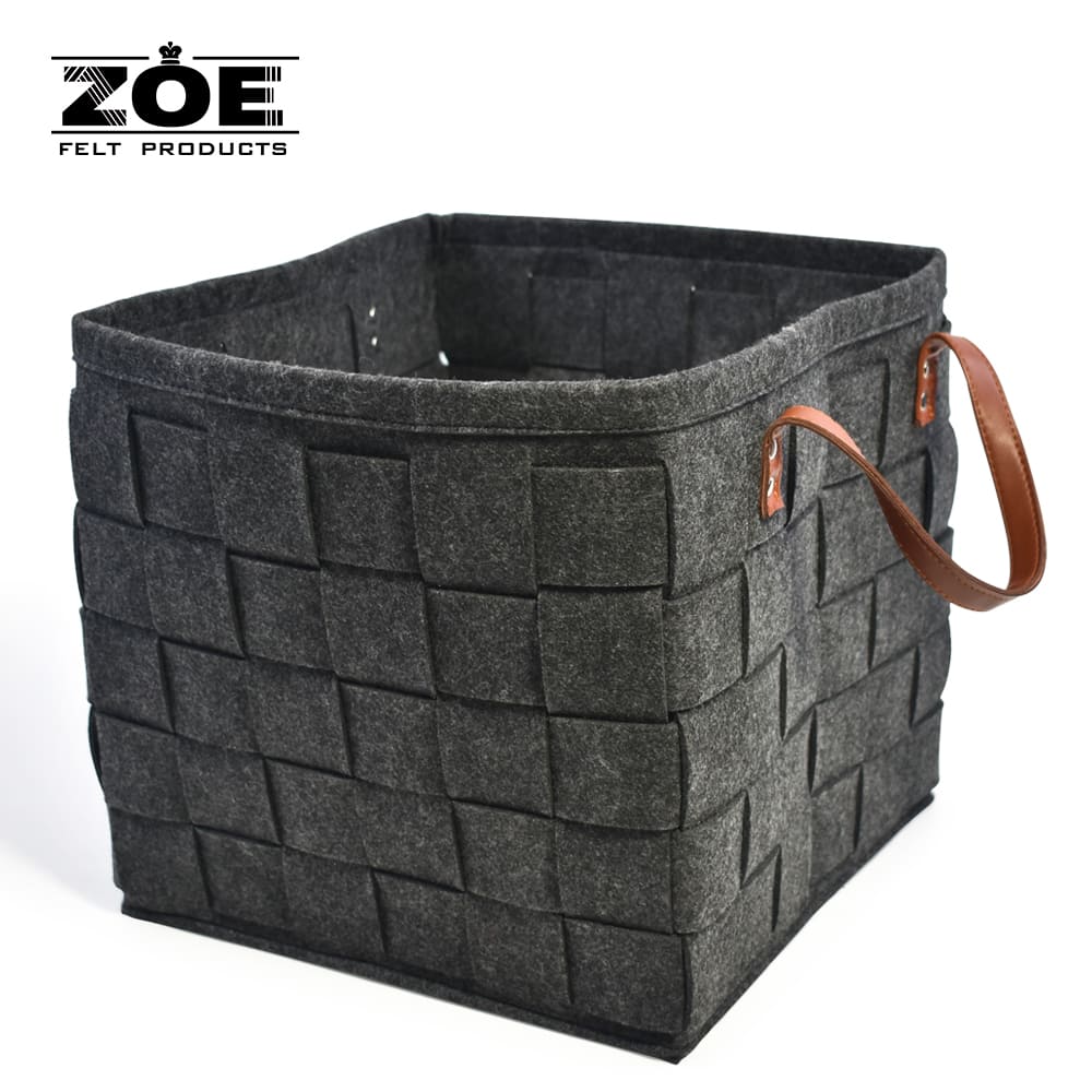 Custom Large Rectangular Woven Felt Storage Basket with Leather Handles for Home Organization