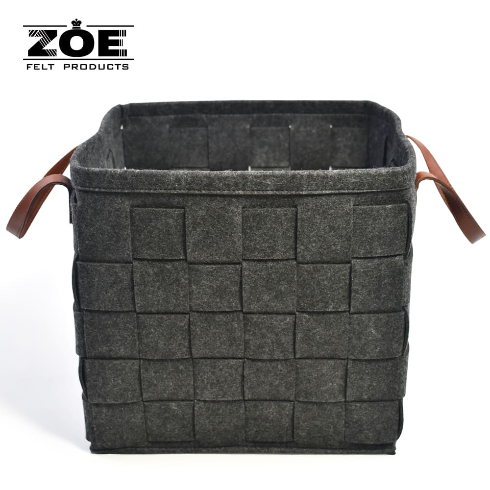 Custom Large Rectangular Woven Felt Storage Basket with Leather Handles for Home Organization