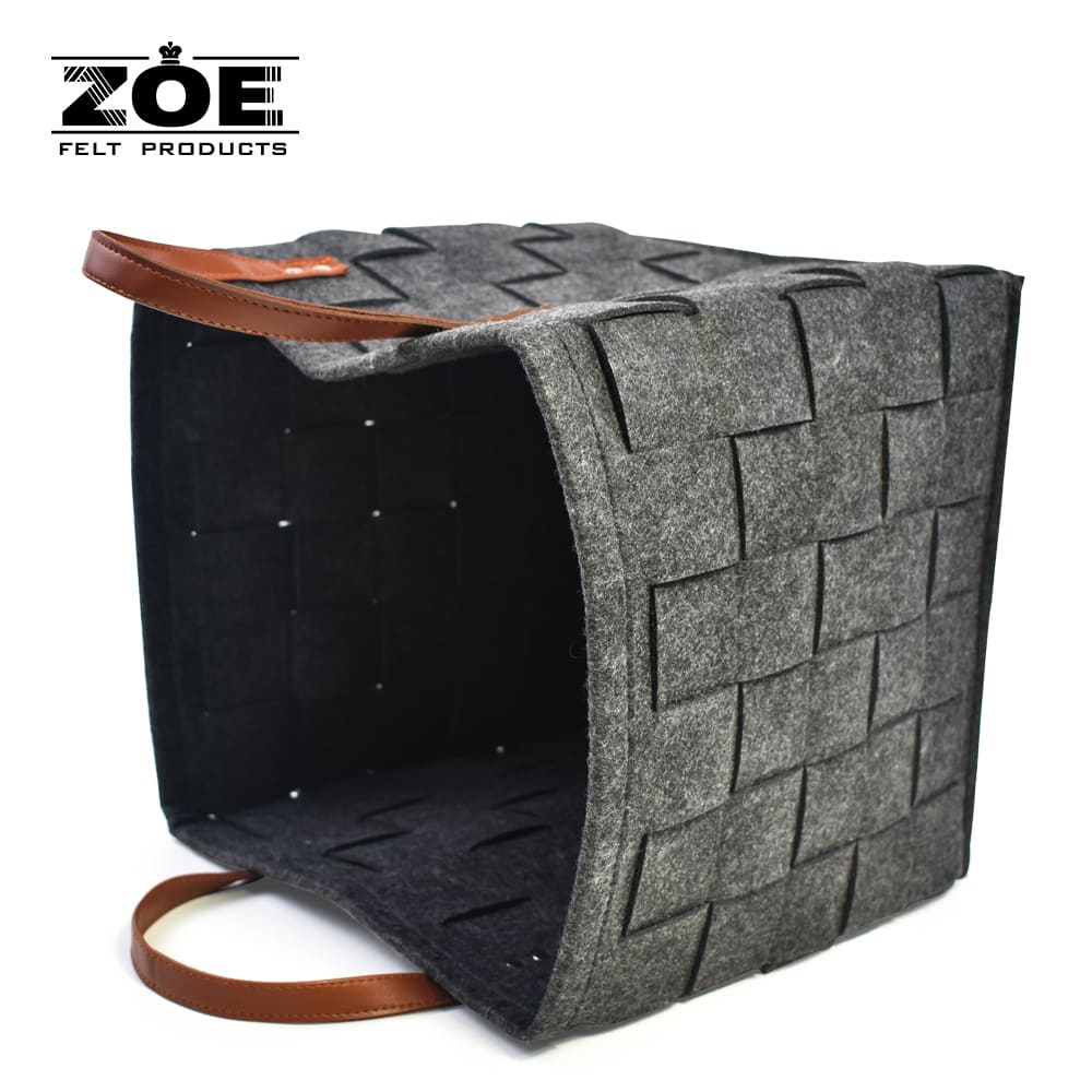 Custom Large Rectangular Woven Felt Storage Basket with Leather Handles for Home Organization