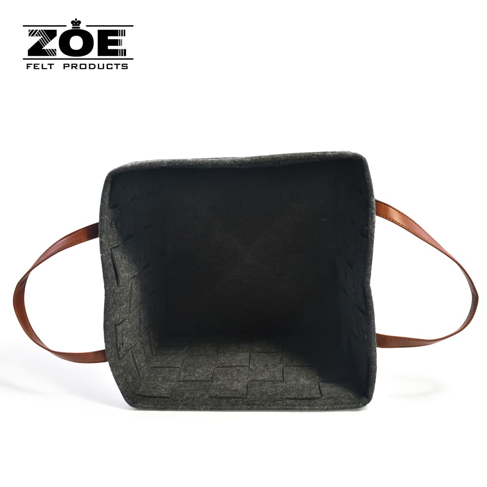 Custom Large Rectangular Woven Felt Storage Basket with Leather Handles for Home Organization