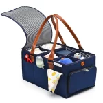 Portable felt diaper caddy organizer with compartments, leather handles and baby essentials storage banner