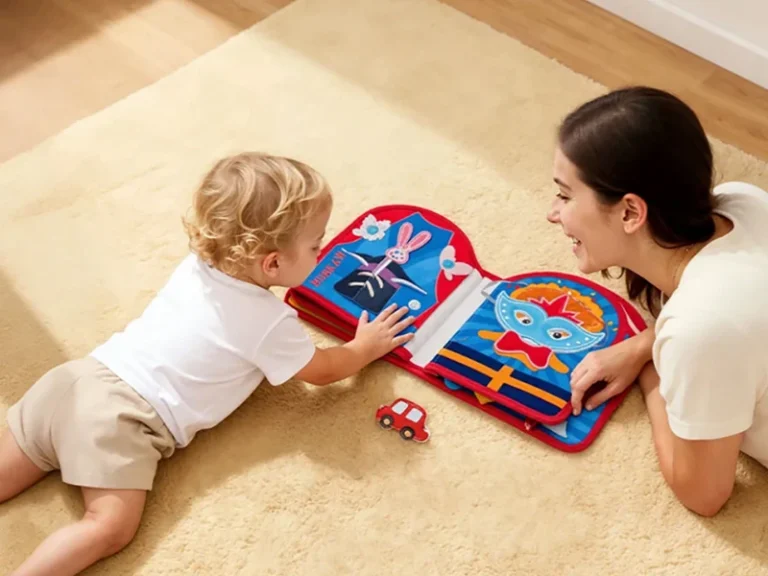 mother and child playing with a zoe felt quiet book